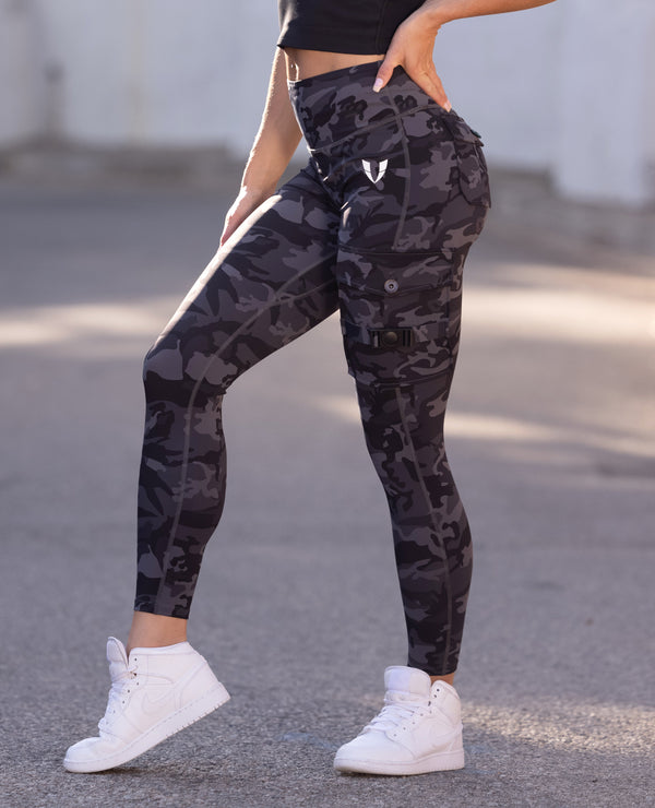 Demi - Grijze Camo Cargo Fitness Leggings