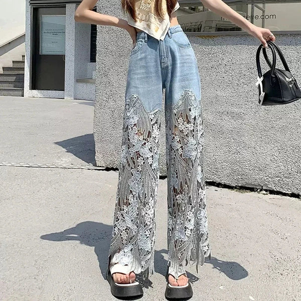 Frideswide - Hoge Taille Denimbroek met Kanten Details
