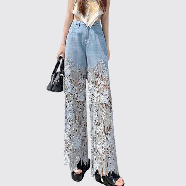 Frideswide - Hoge Taille Denimbroek met Kanten Details