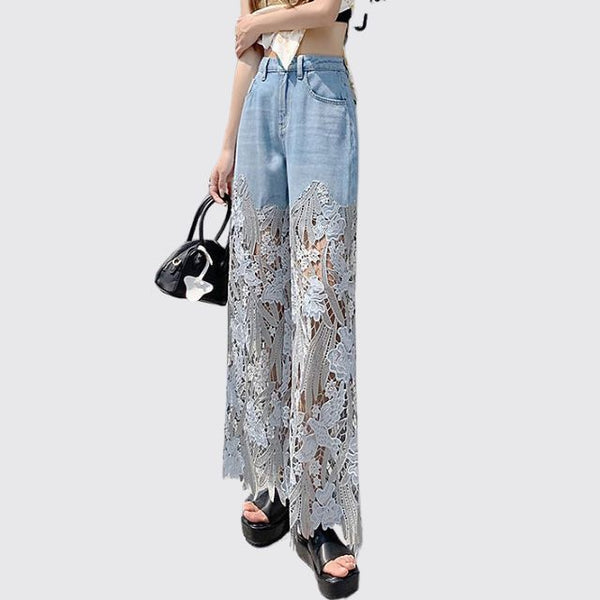 Frideswide - Hoge Taille Denimbroek met Kanten Details