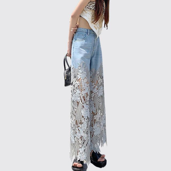 Frideswide - Hoge Taille Denimbroek met Kanten Details